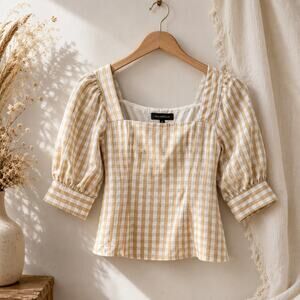 Majorelle Gingham Puff Sleeve Square Neck Top XS Beige White Cottagecore Blouse